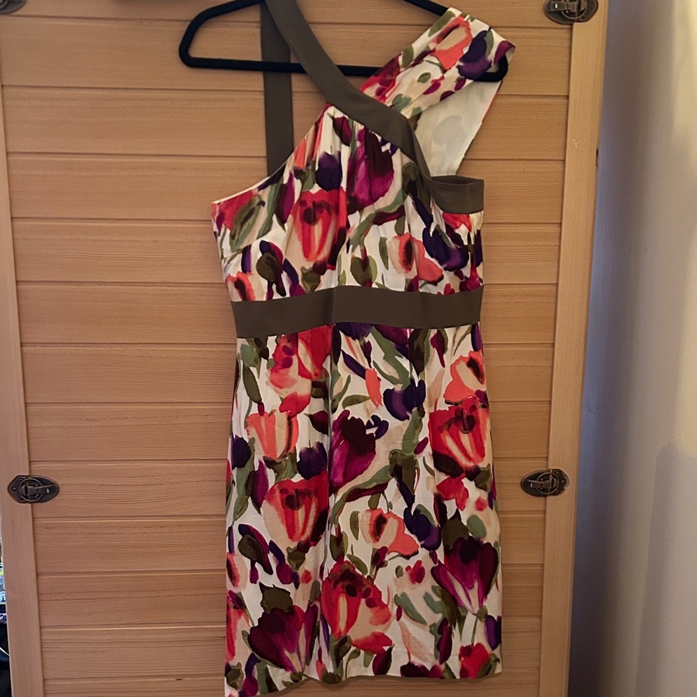 ANTONIO MELANI One-Shoulder Floral Dress in White, Pink, Purple & Green